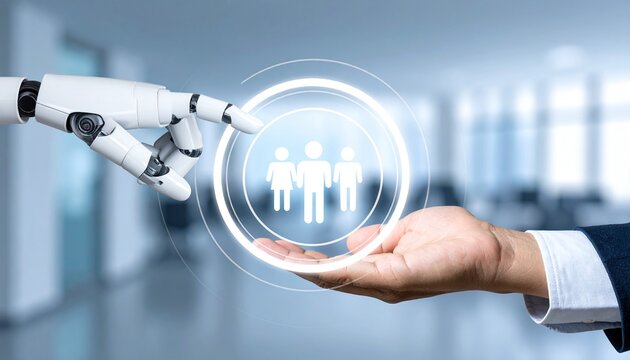 Human and robot hands interact over a glowing human resource icon, highlighting technology's role in future employment