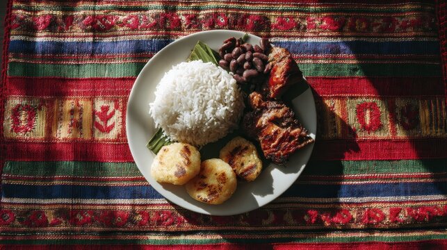 Traditional latin american meal with grilled meat, rice, beans, and tajadas on colorful textile