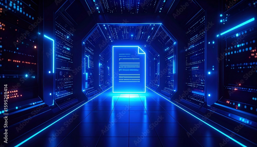 Poster a document illuminated with blue light in a futuristic data center
