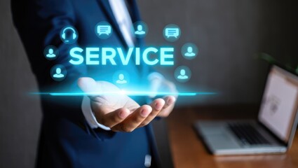 Digital Service Support with Customer Icons and Laptop