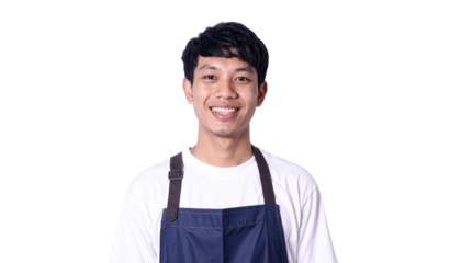 Smiling man wearing a apron, happy to present service or work