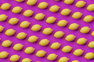Many lemons on dark magenta background. Top flat view, order. 3d render, illustration