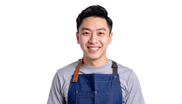 A happy man wearing a blue apron, ready for work and smiling at camera. The man appears to be of Asian descent, with short black hair and a friendly expression