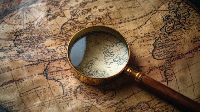 Antique map with magnifying glass highlighting details