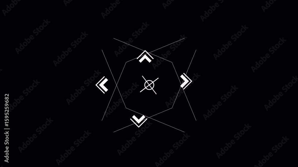 Poster futuristic hud interface with geometric shapes and targeting reticle on black background