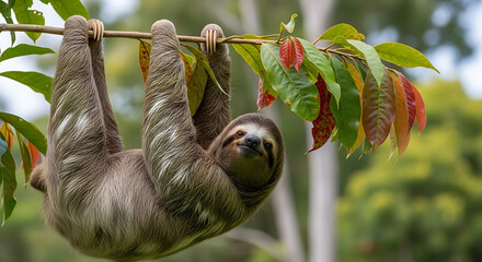 Adorable Three-Toed Sloth Hanging Upside Down in Lush Rainforest Tree, Peaceful Wildlife Mammal in Natural Habitat