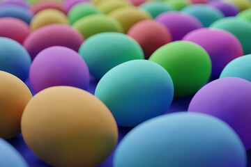 Many colorful eggs on navy background. Closeup view, macro shot, selective focuscloseup shot. 3d render, illustration