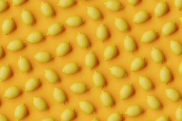 Many lemons on orange background. Top flat view, diagonal grid. 3d render, illustration