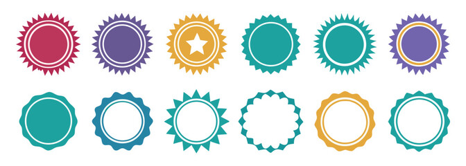 Set of Colorful Decorative Vector Round Badges. Modern graphic elements with star and jagged edges. Blank seals for labels, promotion, awards, quality, and event design projects.