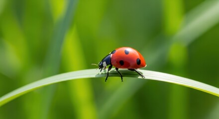 Close up of a ladybug on a blade of grass with dew drops