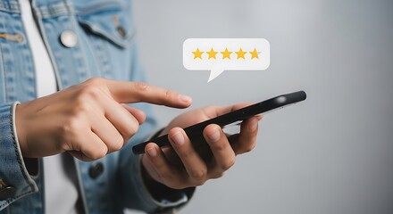 Person using smartphone to leave a five star review online
