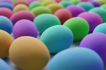 Many colorful eggs on slate gray background. Closeup view, macro shot, selective focuscloseup shot. 3d render, illustration