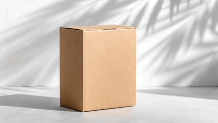 A plain cardboard box stands upright on a light surface, enhanced by soft shadows cast from nearby plants. The setting highlights the simplicity and versatility of the packaging design
