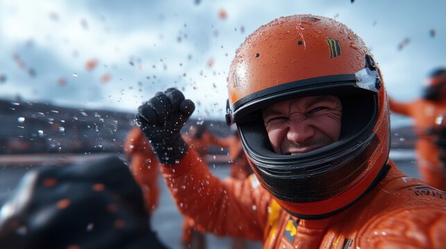 Caucasian male race car driver celebrating victory in orange racing gear