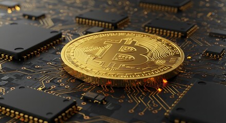 Bitcoin Golden Coin with Circuit Board Texture on Dark Tech Background Glowing Lights and Clean Futuristic Design for Financial and Blockchain Fintech Concept generative ai

