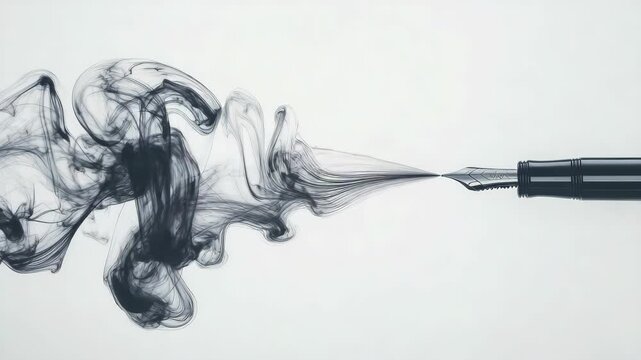 Fountain pen creating black ink swirls on white background
