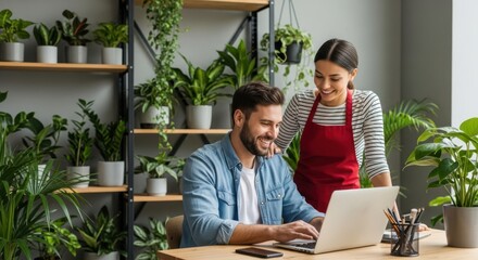 Small Business Owners Working Together on Laptop Surrounded by Plants