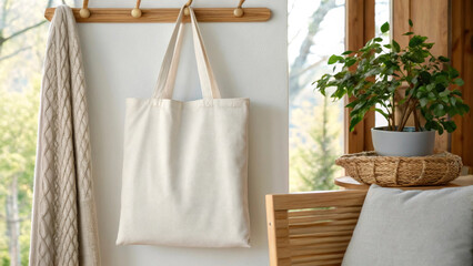 A tote bag is stylishly displayed on a wall hook within a cozy, well-lit interior. Soft textiles and plants enhance the warm atmosphere, creating a serene design environment