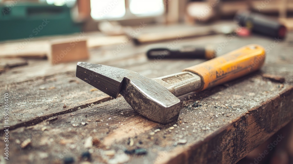 Poster a hammer and chisel on a wooden surface with sawdust and debris, in a workshop setting.