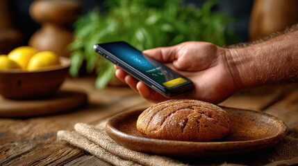 Freshly baked bread on wooden plate, mobile payment confirmation, rustic kitchen setting, natural light, healthy lifestyle, customer interaction