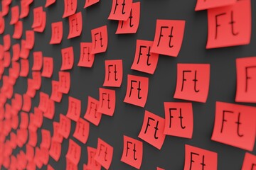 Many red stickers on black board background with symbol of Hungary forint drawn on them. Closeup view with narrow depth of field and selective focus. 3d render, illustration