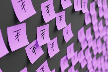 Many violet stickers on black board background with symbol of Mongolia tugrik drawn on them....