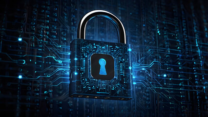 Cybersecurity Fortress: An intricately designed lock, constructed with glowing circuit board patterns, suggests an unbreakable security, ready to fortify a digital landscape.