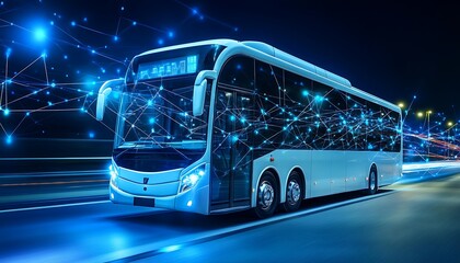 White futuristic bus moves swiftly along the neon lighted highway at night creating a dynamic visual