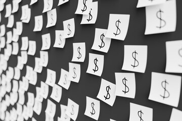 Many white stickers on black board background with symbol of Singapore dollar drawn on them....