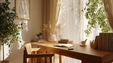 Wooden Desk with Books, Plants, and Stationery