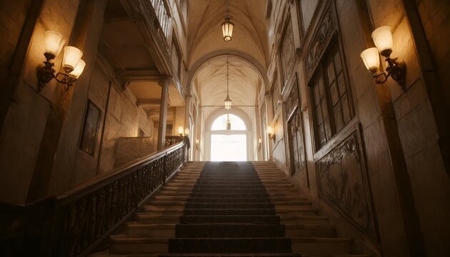 Grand Historic Staircase with Ornate Lighting and Architecture