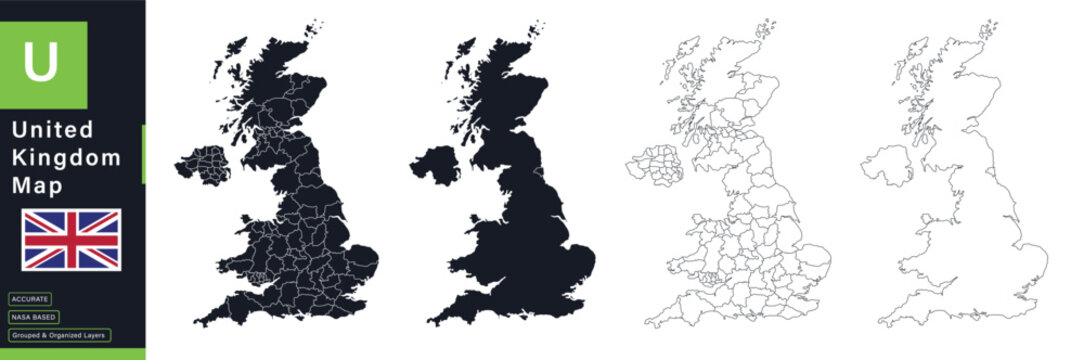 United Kingdom Map Vector Set - Counties, Silhouette, Outline, UK