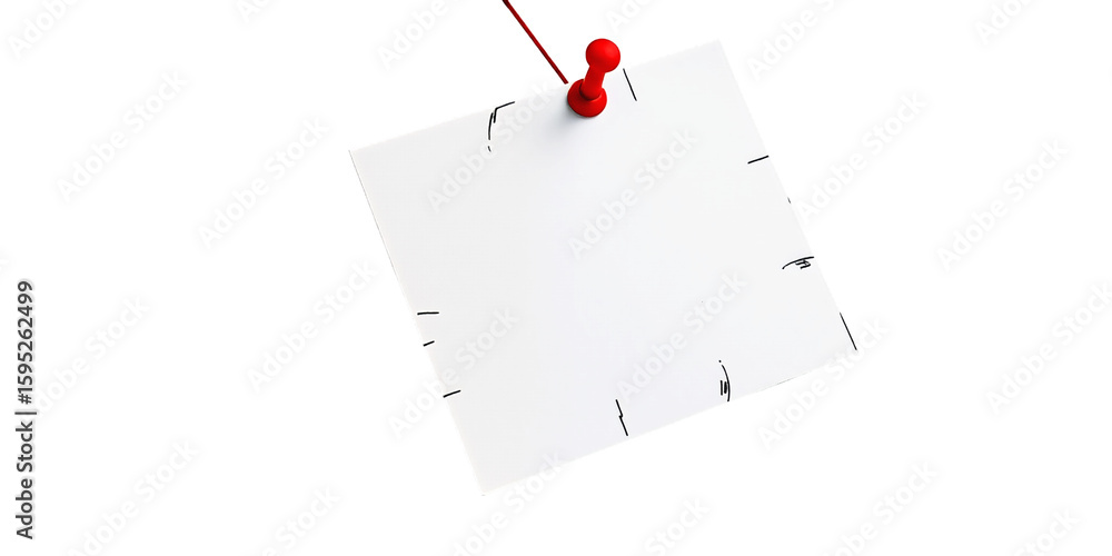 Poster a blank white square paper pinned with a red push pin on a black isolated background on transparent 