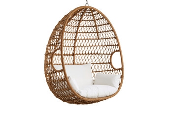 Fototapeta premium Modern Hanging Wicker Swing Chair with White Cushions on White Background