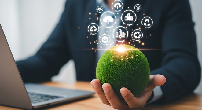 Person holding a glowing green earth with digital network icons above representing global connectivity