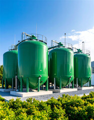Modern Green Hydrogen Storage Tanks under Clear Blue Sky