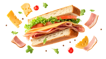 Delicious sandwich with ham, cheese, lettuce, and tomato, made with fresh ingredients, floating and isolated on a white background