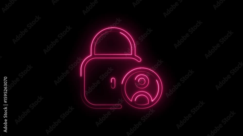 Poster glowing neon pink lock and user icon on black background symbolizing security privacy access authent