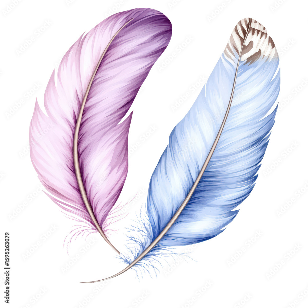 Poster two colorful feathers with detailed textures and vibrant colors in a soft artistic style