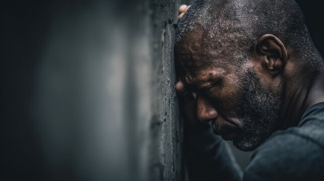 Depressed man leaning on a wall