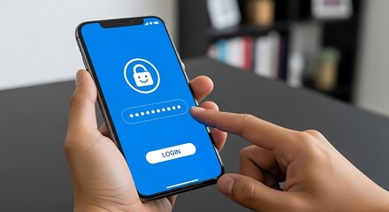 Hand holding a smartphone displaying a secure login screen with a password entry field