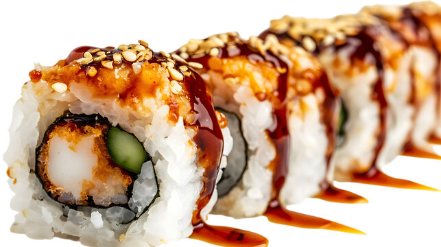 Delicious Shrimp Tempura Sushi Rolls Topped With Sauce And Sesame Seeds Close Up - Powered by Adobe