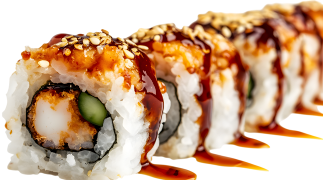 Delicious Shrimp Tempura Sushi Rolls Topped With Sauce And Sesame Seeds Close Up