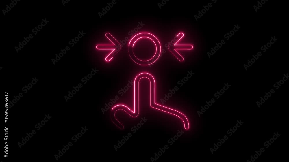 Poster glowing pink neon icon representing a person with arrows pointing inwards towards a circle symbolizi