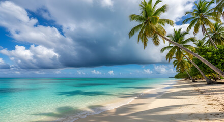 Tropical beach paradise with leaning palm trees and approaching storm clouds