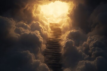 A radiant staircase ascends through dramatic clouds, illuminated by a bright opening above