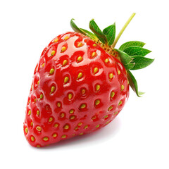 Single, vibrant red strawberry, glossy surface, tiny yellow seeds, green leaves, isolated on white
