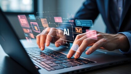 Person typing on laptop with AI interface and futuristic data visualization