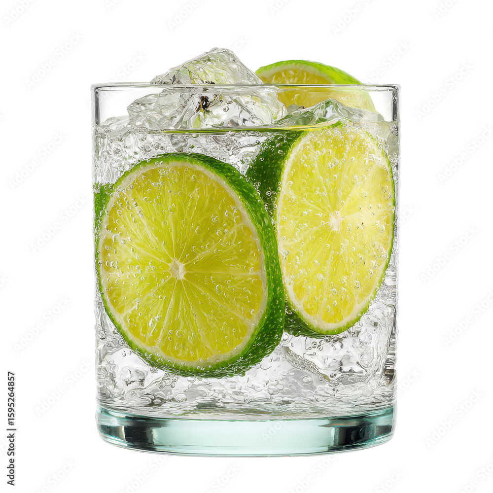Poster gin tonic with sliced lime and ice in glass isolated on transparent or white background. a high reso