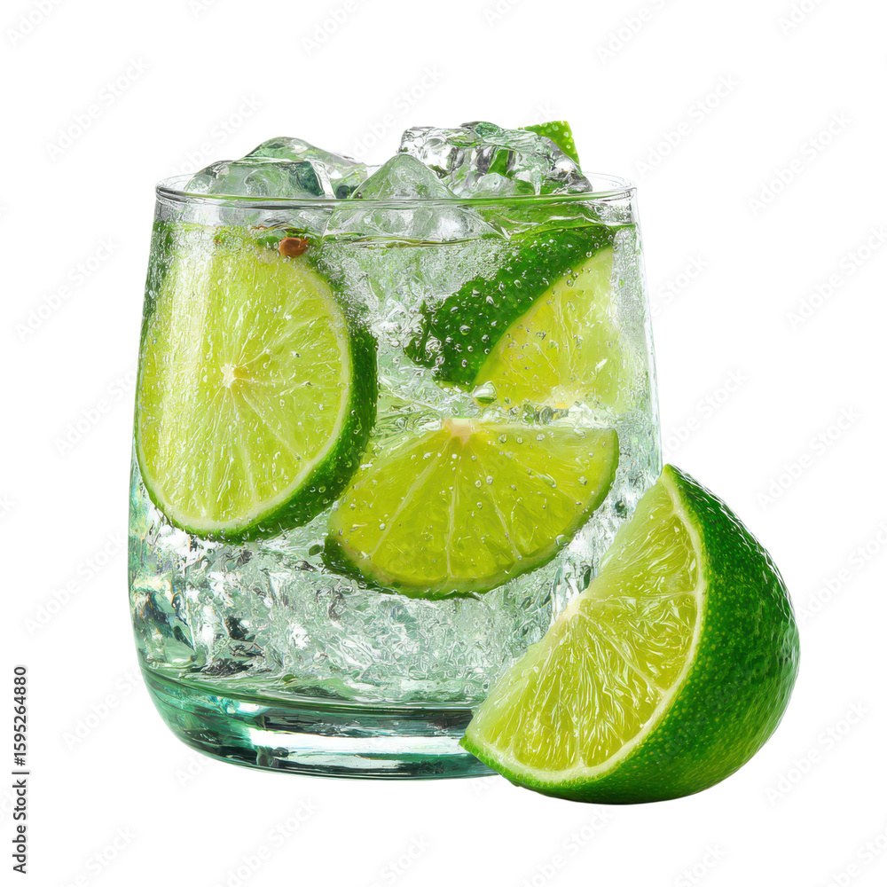 Poster gin tonic with sliced lime and ice in glass isolated on transparent or white background. a high reso